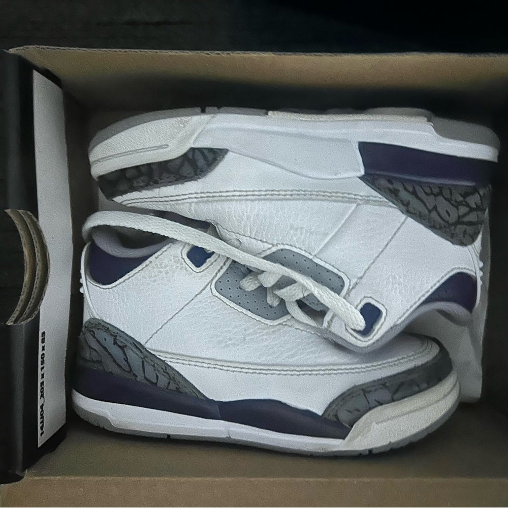 Jordan White and Gray Sneakers with Purple Highlights